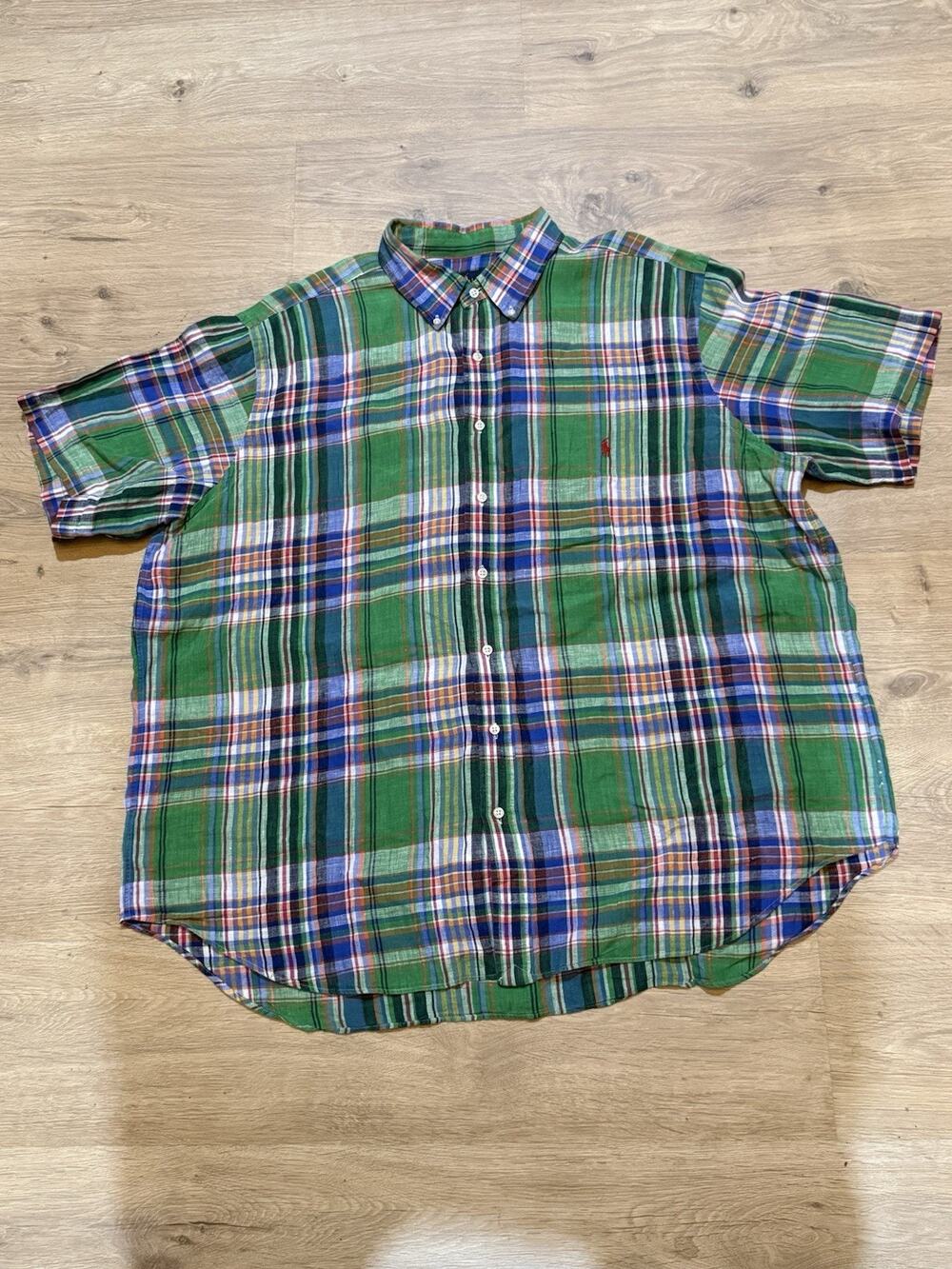 Polo Ralph Lauren Size 2XB Big Madras Plaid 100% Linen Button Down Shirt